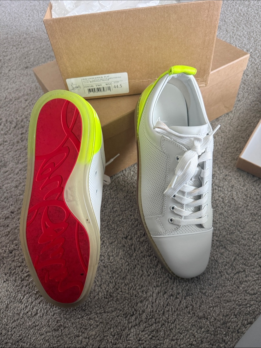 Christian Louboutin White Leather Sneakers with Neon Yellow Heel and Red Sole